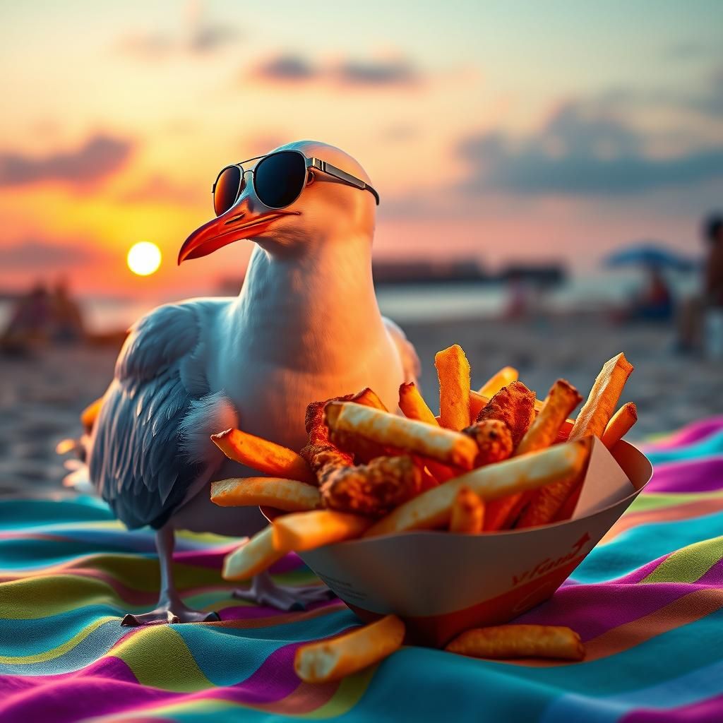 Seagull with sensitive eyes wears sunglasses on the beach designed by her friend Lady Gaga from Blackpool. The seagull eats freshly fried fi...