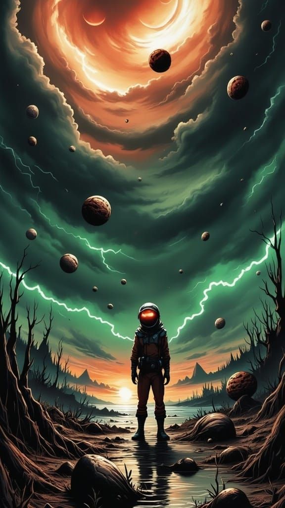 A menacing storm-filled sky churns with ominous, dark clouds streaked by violent hues of sickly green and blood-red lightning. Below, a deso...