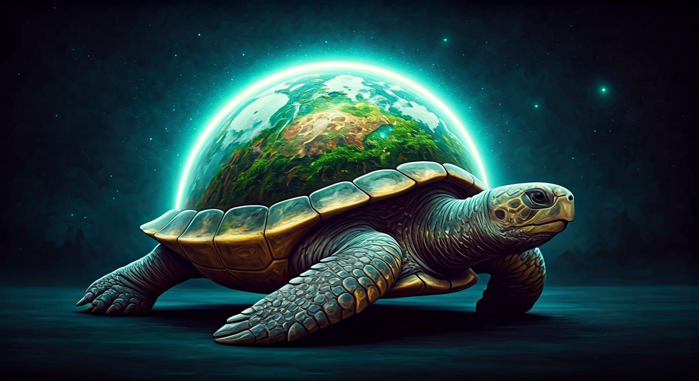Epic bright detailed watercolor painting of a massive green and grassy turtle with a glowing magical ...  by @Mis