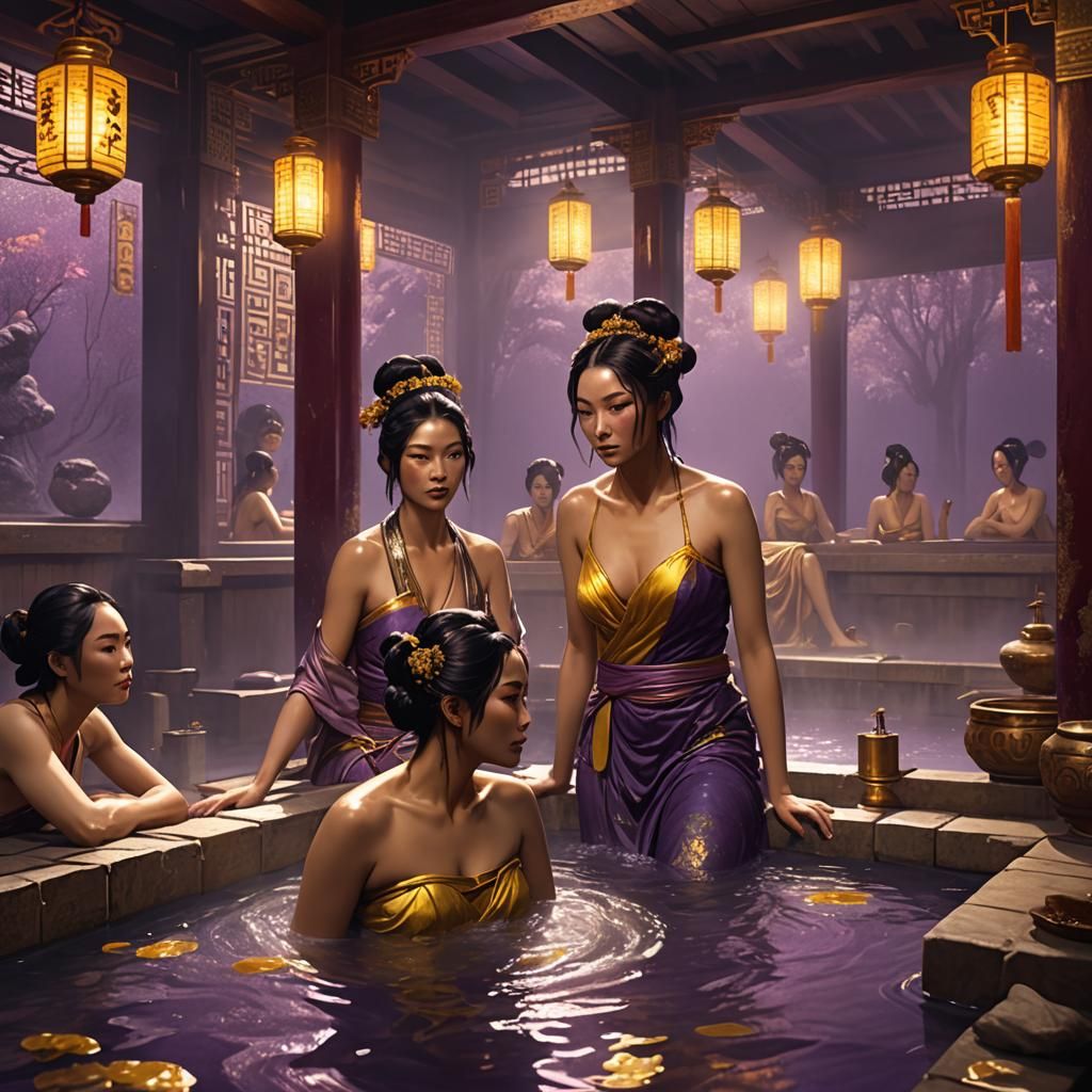 Bathing women in a Chinese bathhouse, classic look, 500 BC