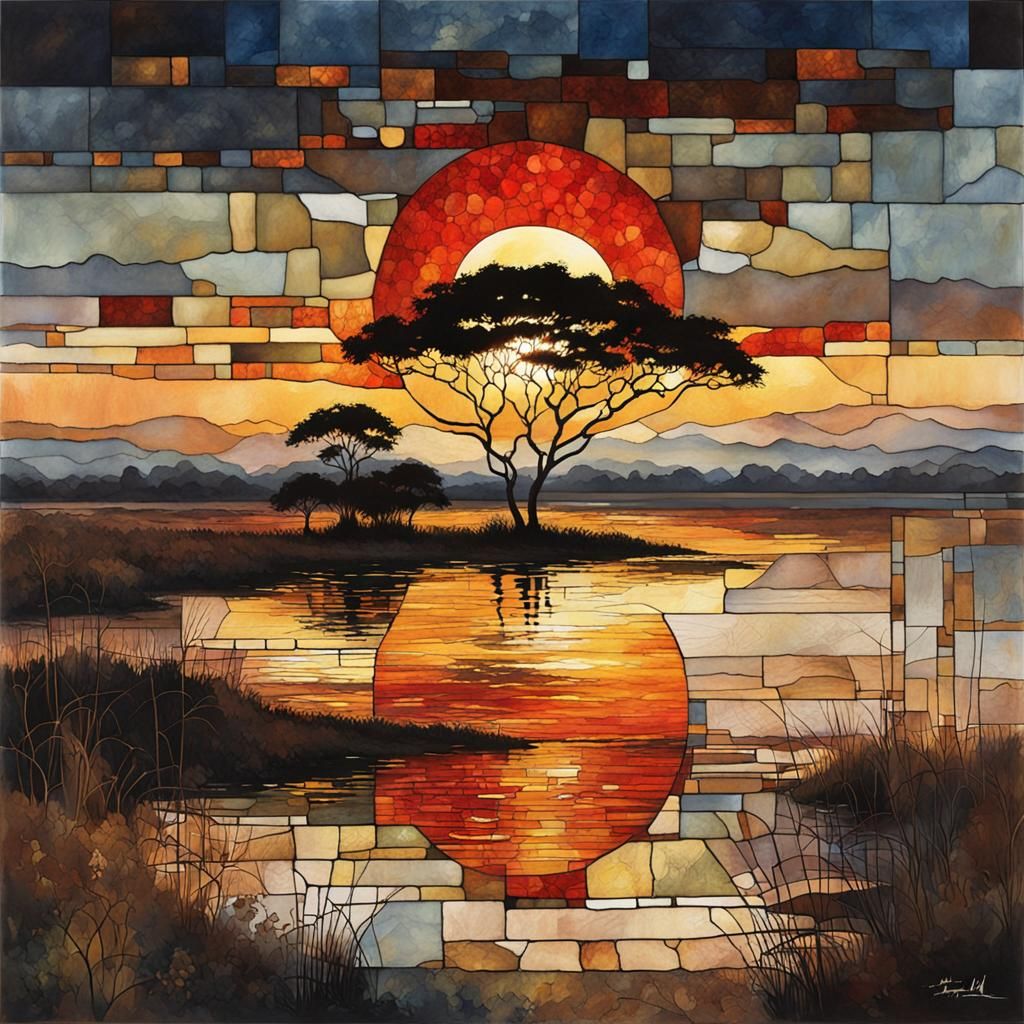 stained glass on the red copper sun, dawn ignites the horizo...