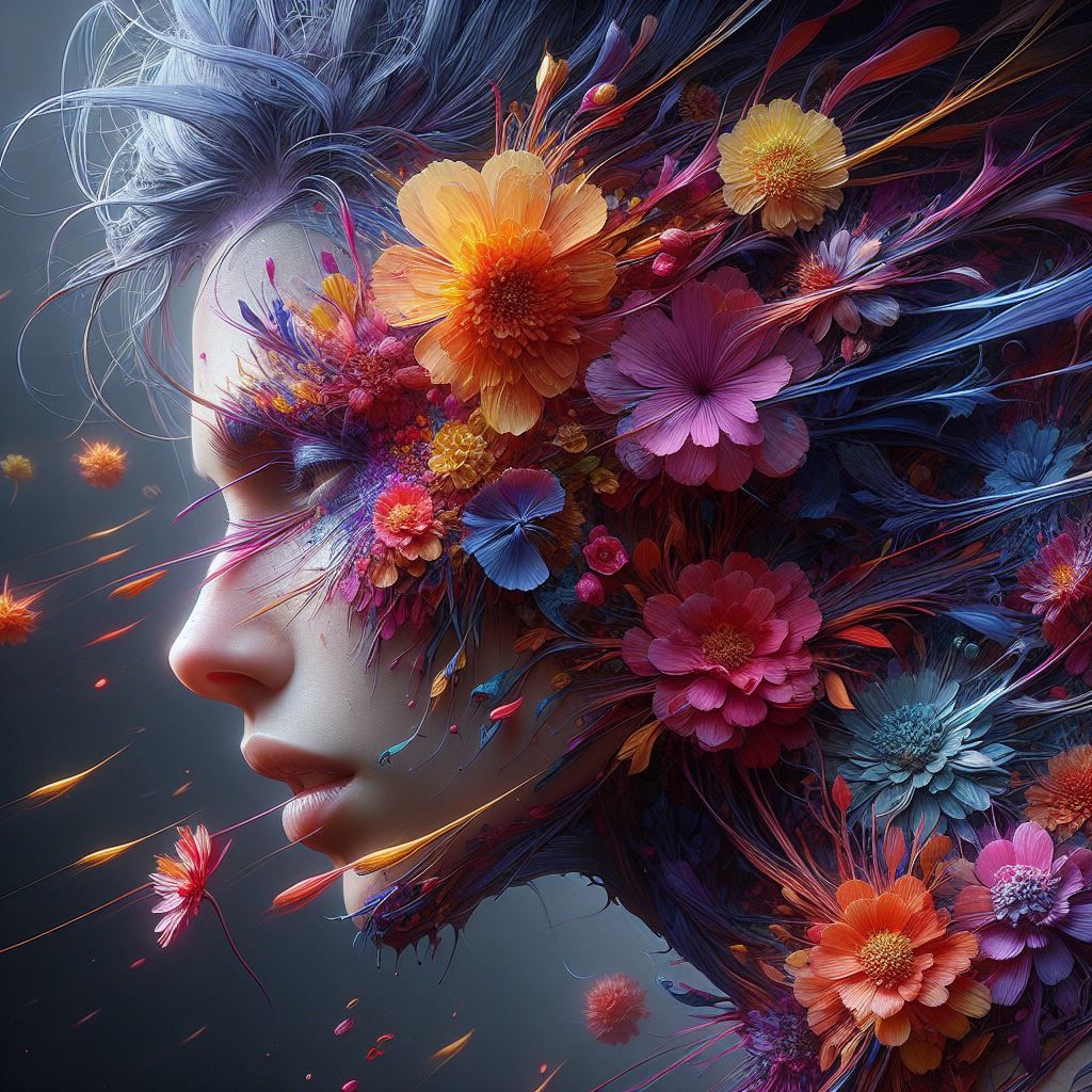 Concept art portrait. Razor sharp flowers.