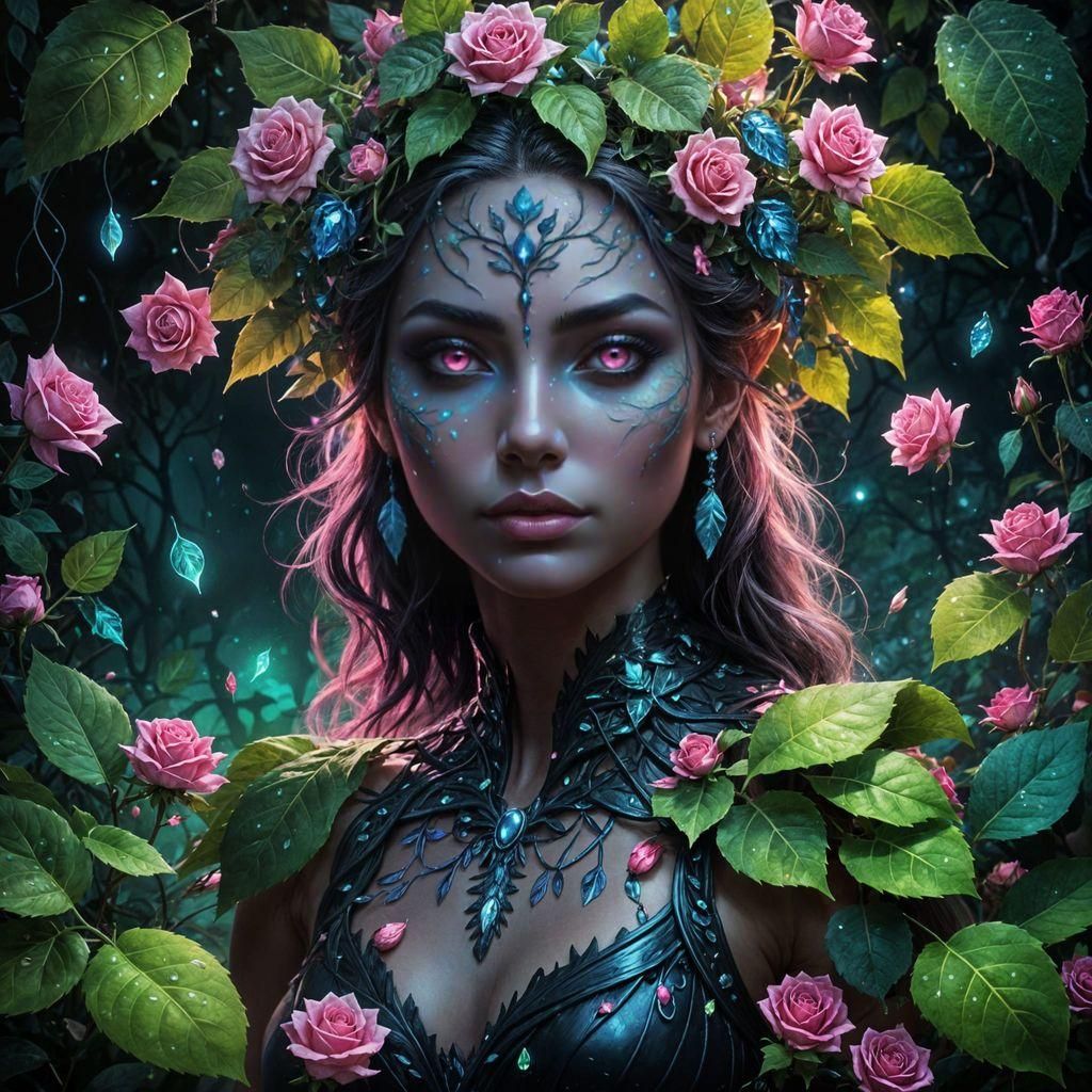 Mystical Leaf Deity in a Surreal Rose Garden