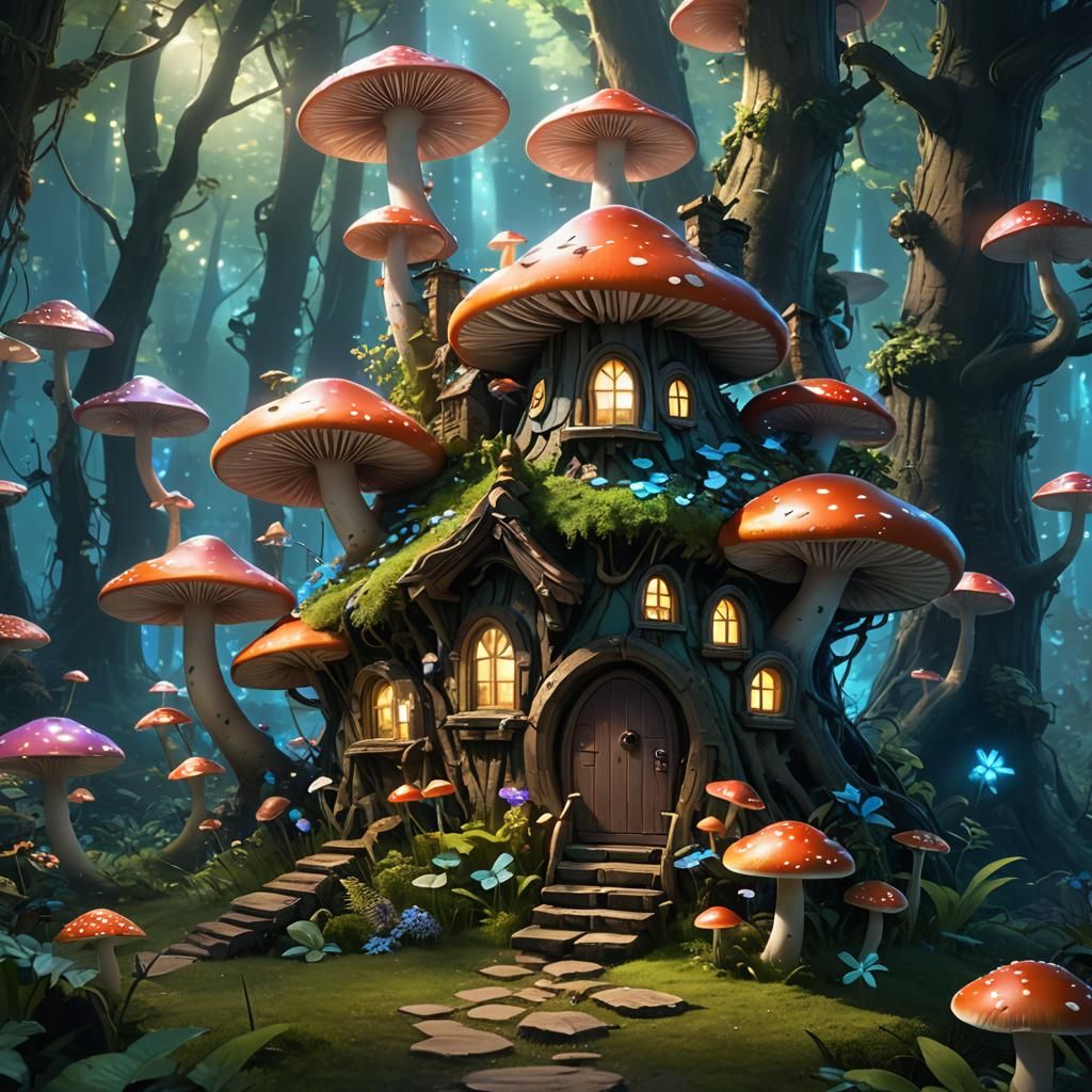 A fairy mushroom house in an enchanted bioluminescent forest...
