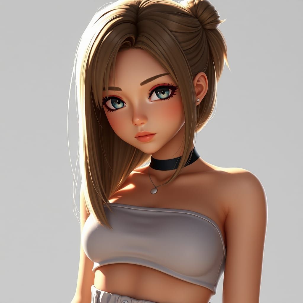 Anime Girl in Crop Top, 3D Rendered Art