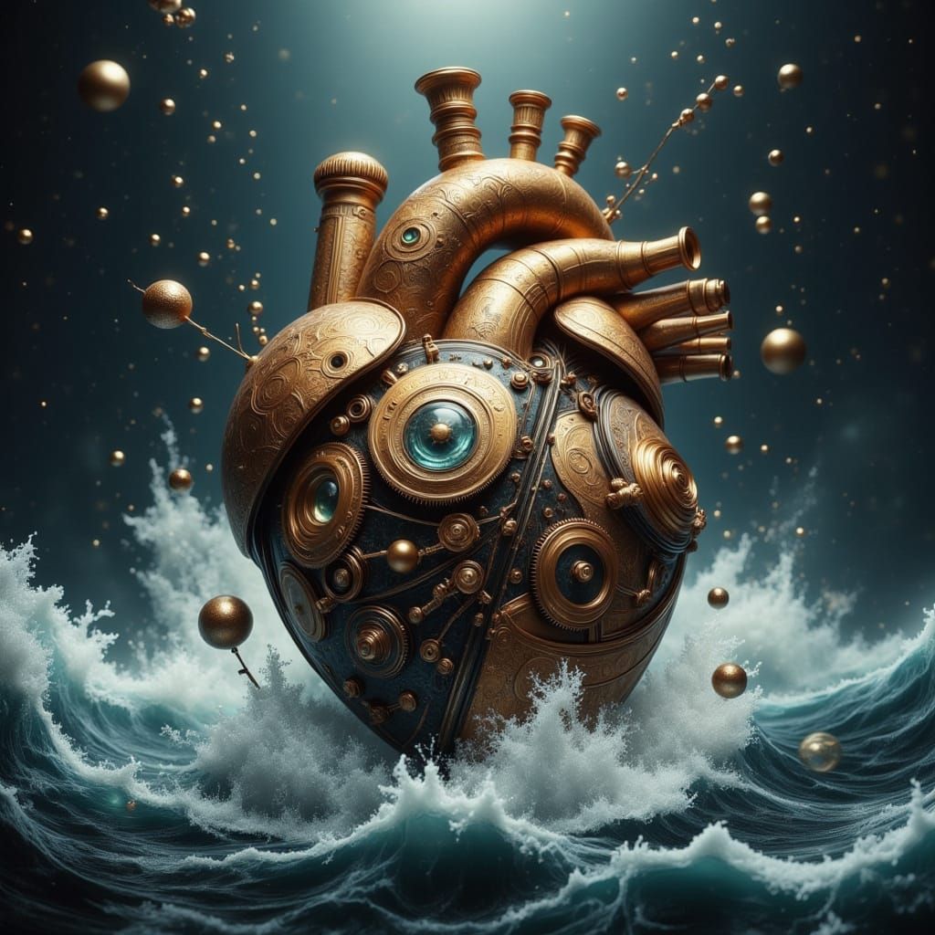 Mechanical Heart with Ocean Storm, Cyberpunk Style