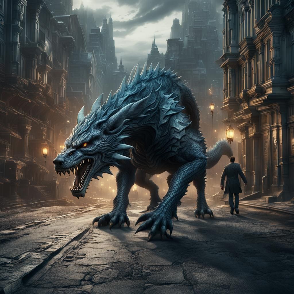 A Fenrir Dragon roaming through a city