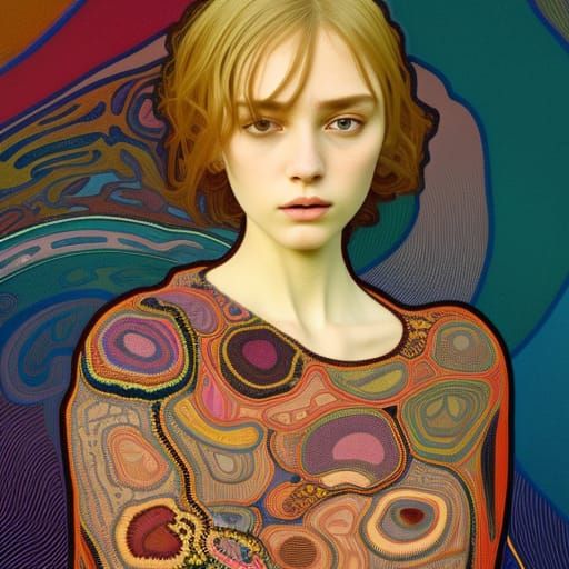 Bob cut hair Woman with a kenzo multicolour crochet biomorph...