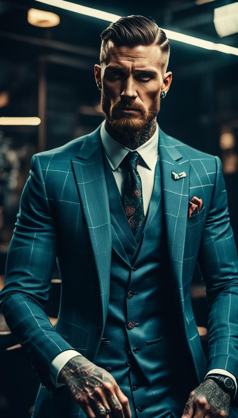 Male Tattoo Model in Designer Suit: Cinematic Film Still