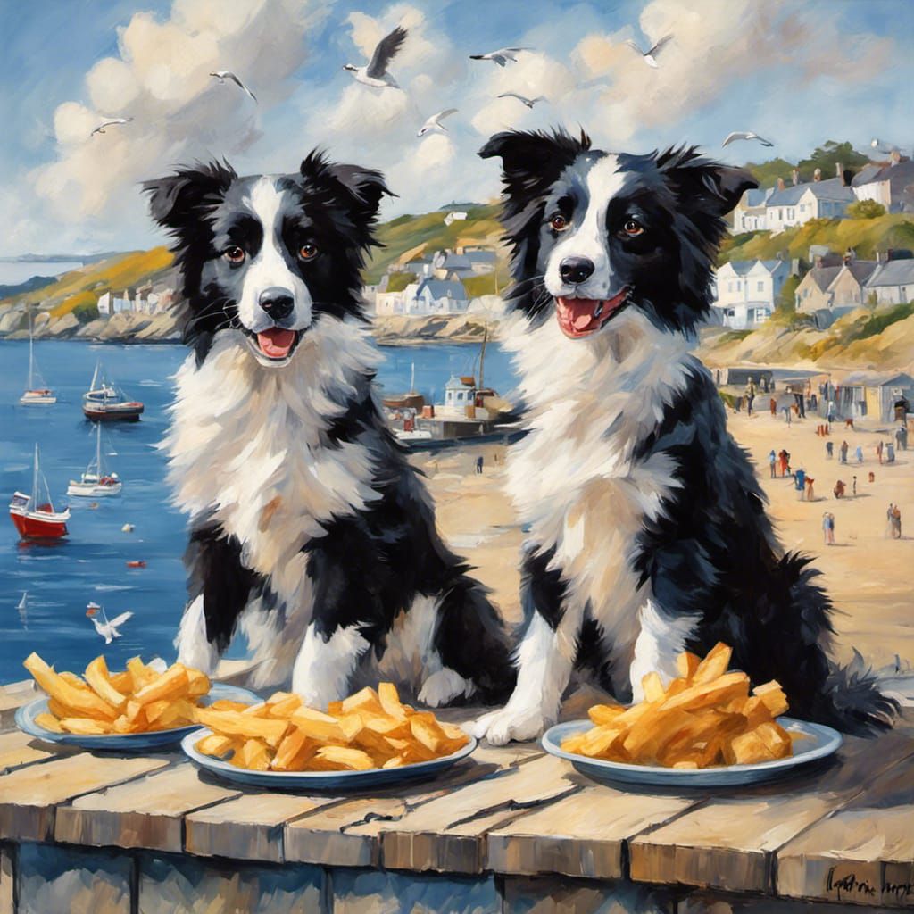 Collie's enjoying chips on a busy Famouth Beach