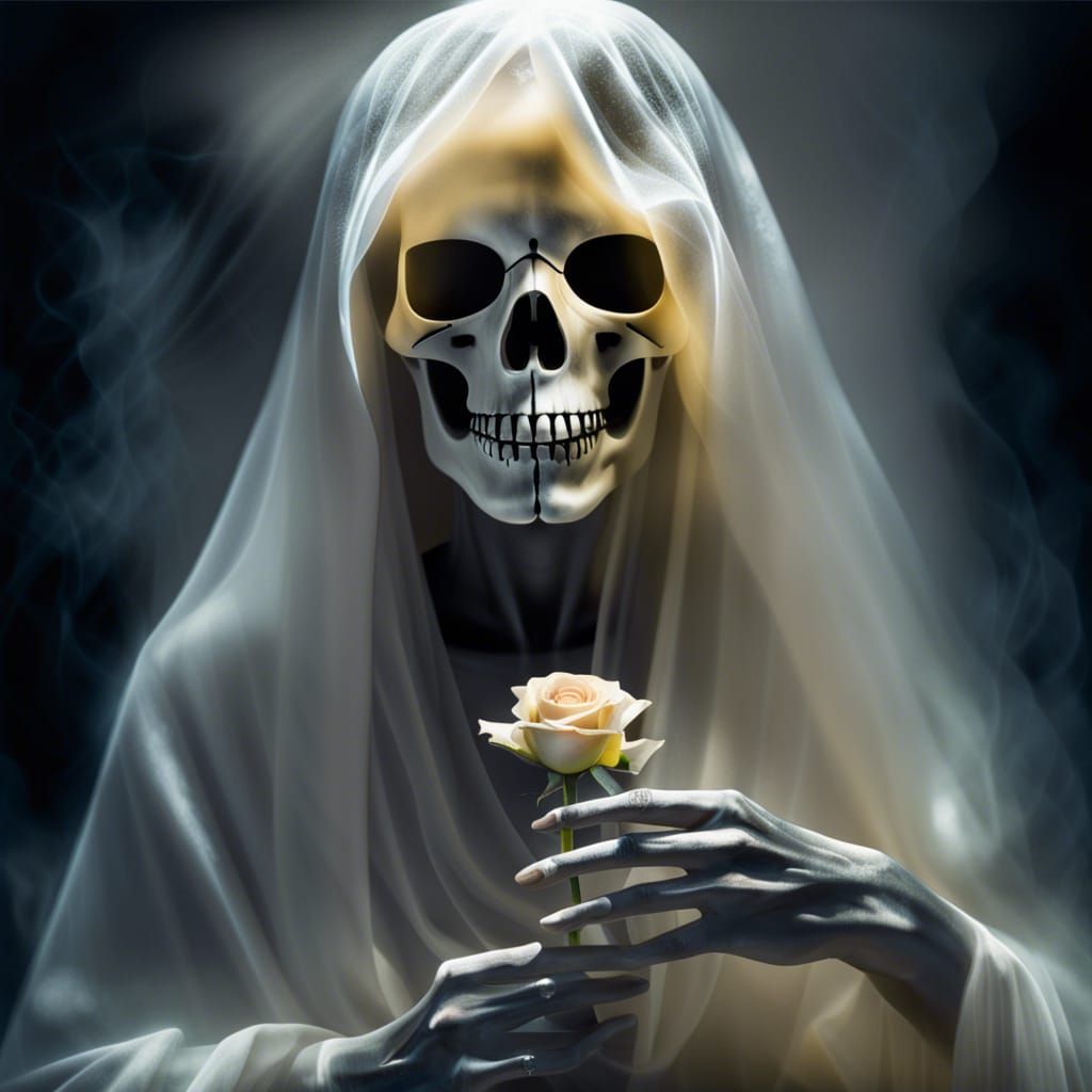 A beautiful but ghostly skull apparition, semi transparent, ...