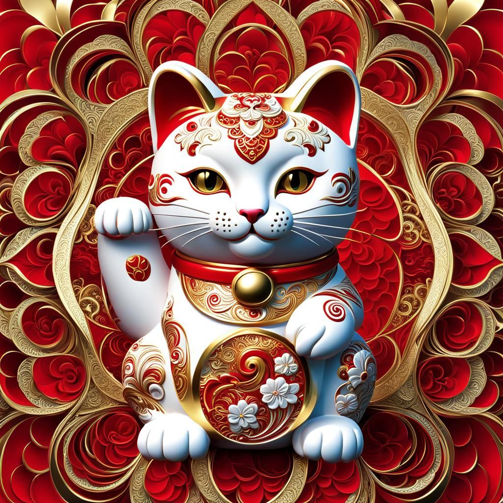 a beautiful maneki neko, a good luck cat with left front paw raised intricately detailed, red and white ...  by @whiterose