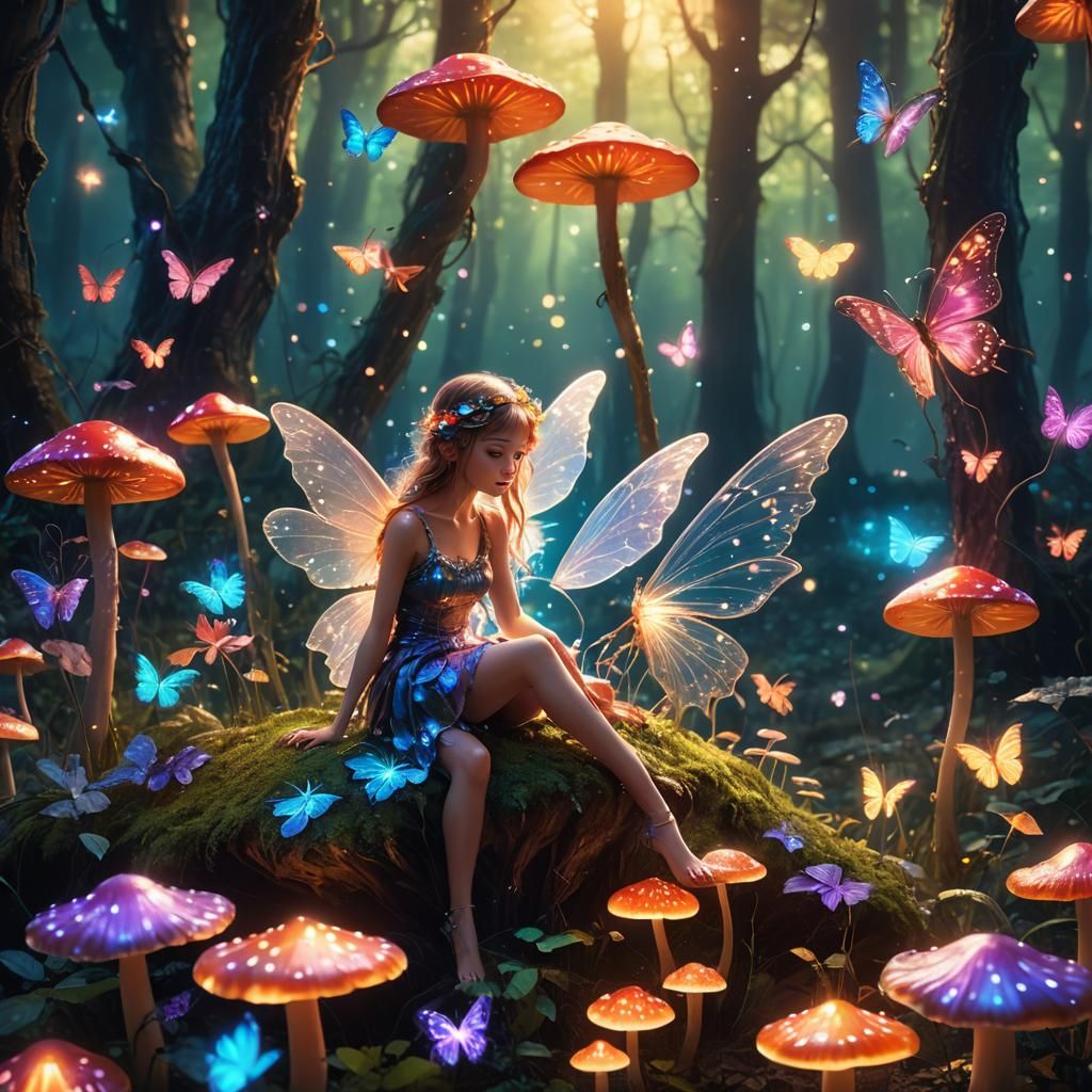 Whimsical Fairy on Glowing Mushroom in Mystical Forest