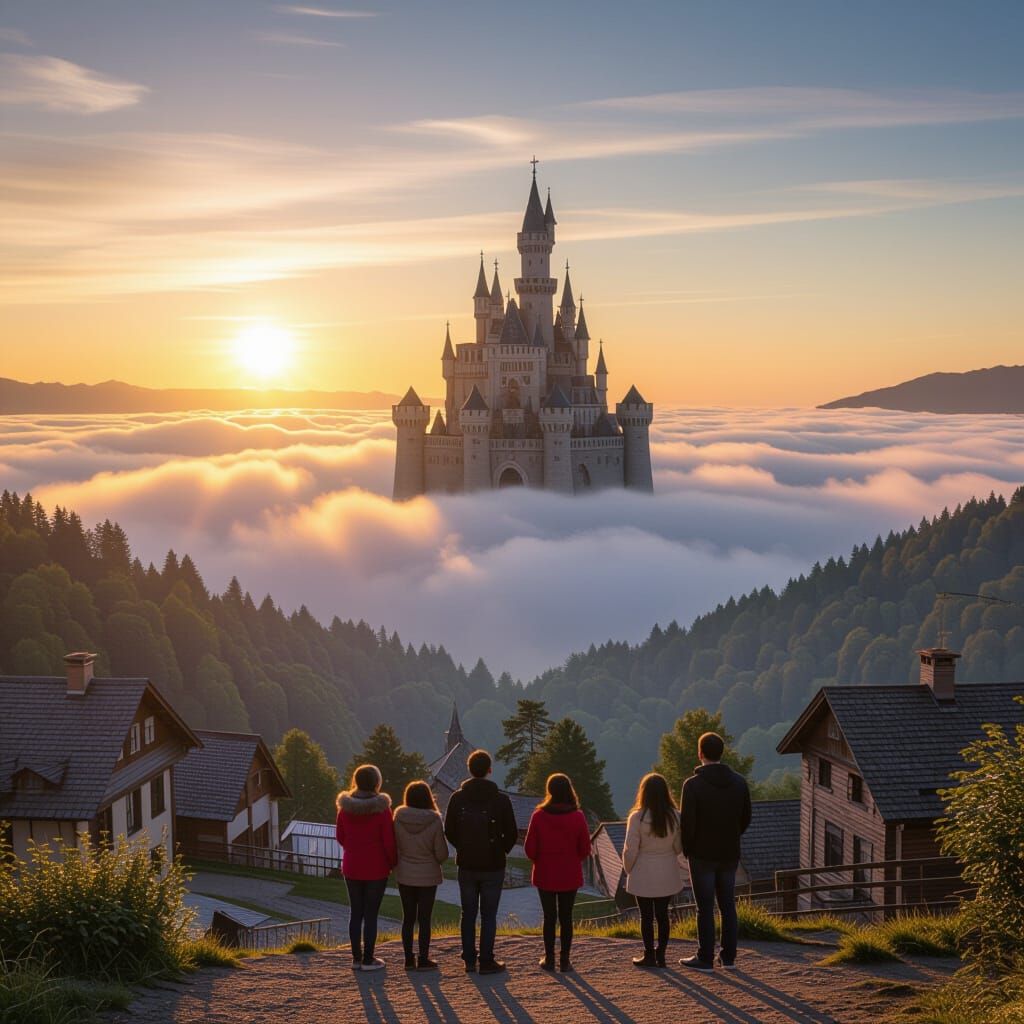 A castle floating on a cloud in the distance as the sun rises people stare in awe from the small village having never seen such a sight befo...