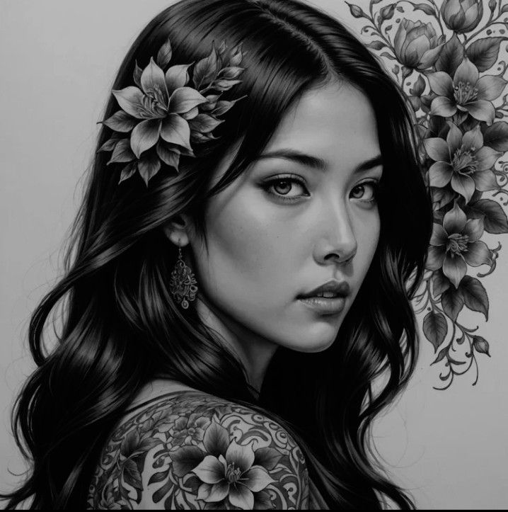 Asian girl with green eyes looking  over her shoulder looking back at me, long beautiful black hair, across her shoulder...