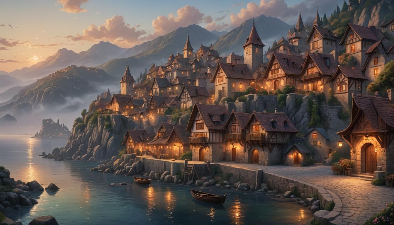 (((at dusk))) close-up of a European rustic town  stone and wood structures, adorned with old wrought iron lantern on the majestic  shoresha...