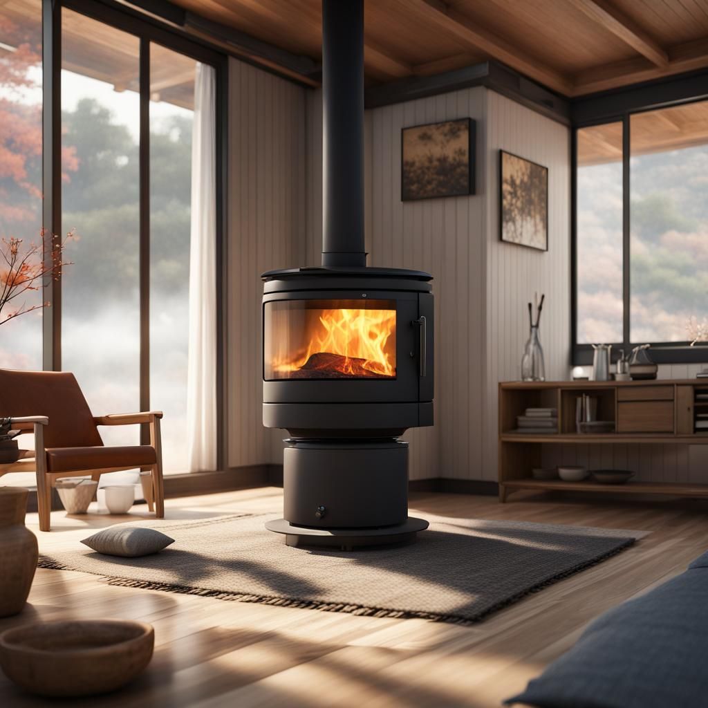 wood stove in the living room of a japanese style modern min...