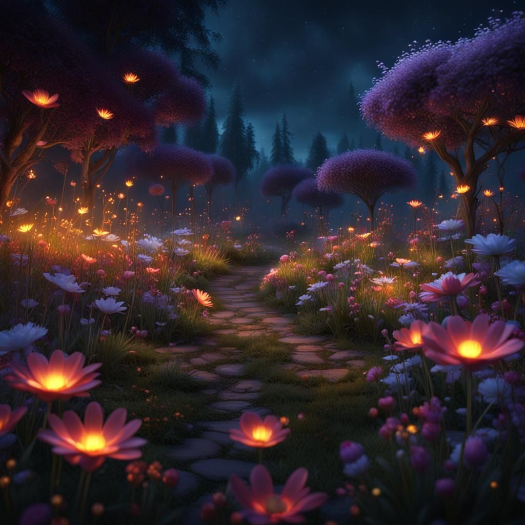 Flower garden at nightime with wandering fireflies. - AI Generated ...