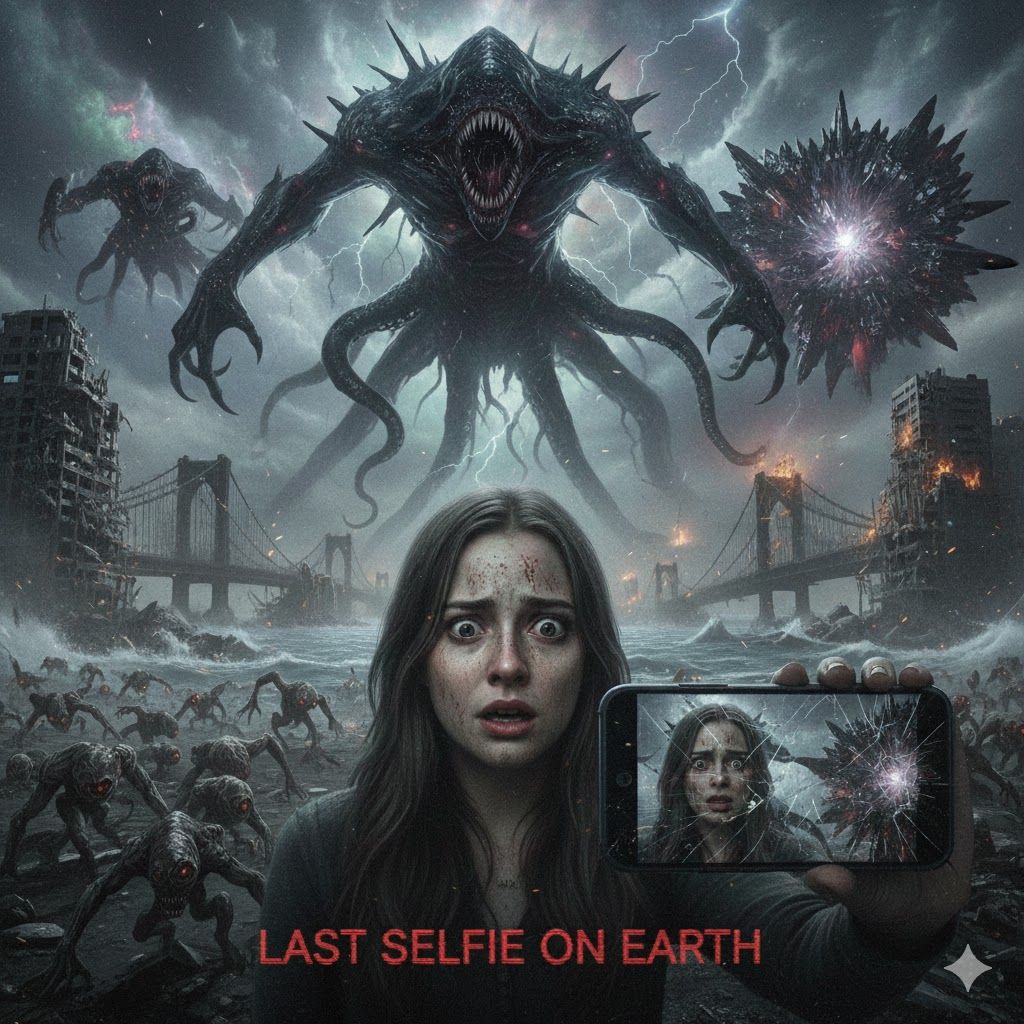 Terrifying Real world style setting Cosmic horror Last selfie on earth with the Cthulhu mythos outer gods invading immed...