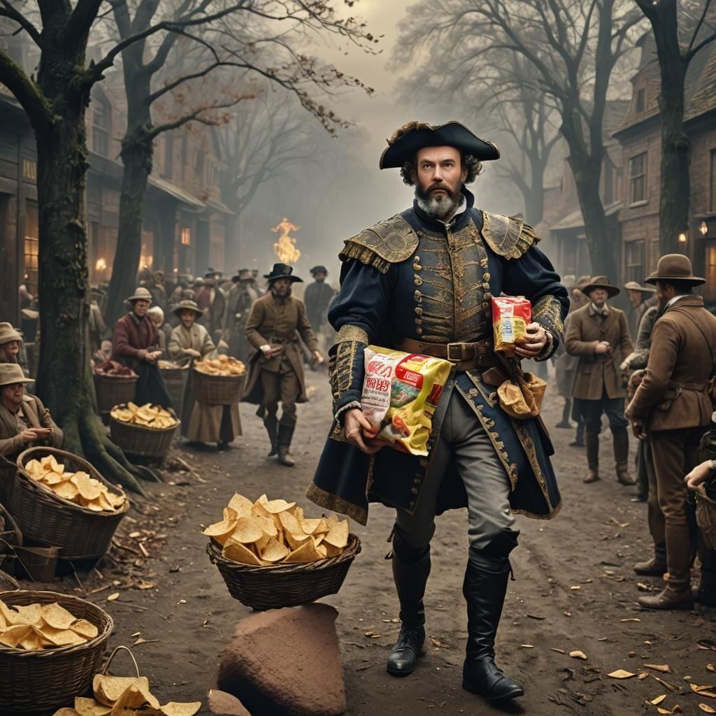 Wacky historical photo of Sir Walter Raleigh bringing crisps/chips back ...