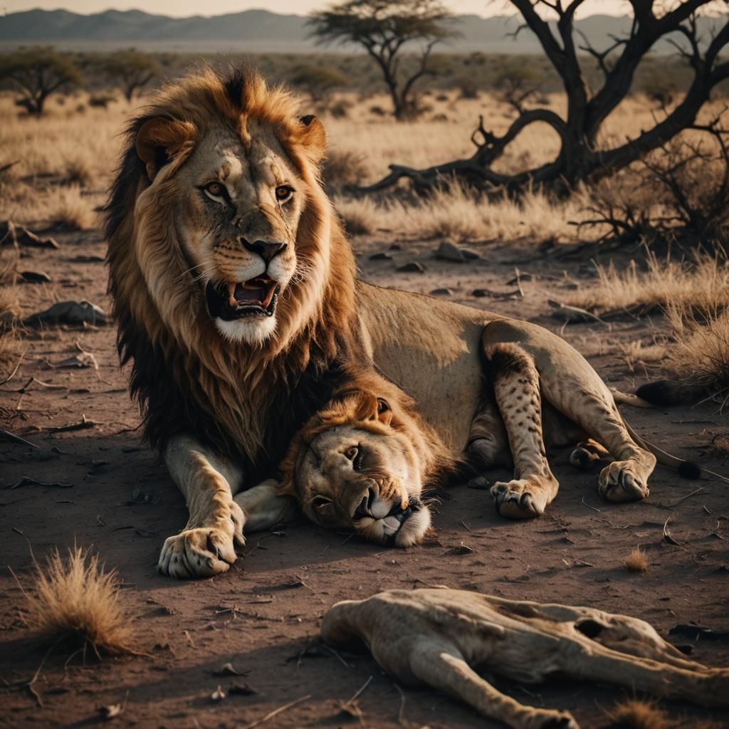 Lion Devouring Corpse in Desolate Savannah
