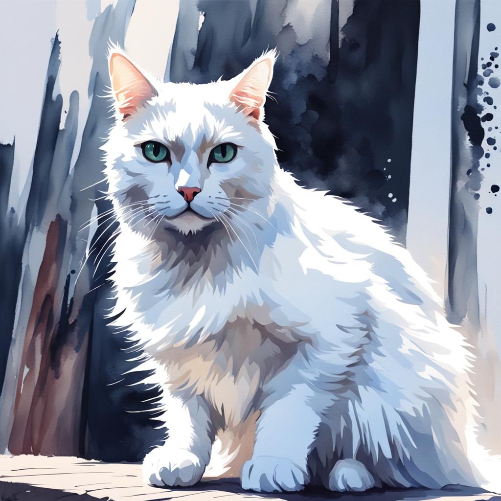 Watercolor Painting of White Cat with Black Eyes