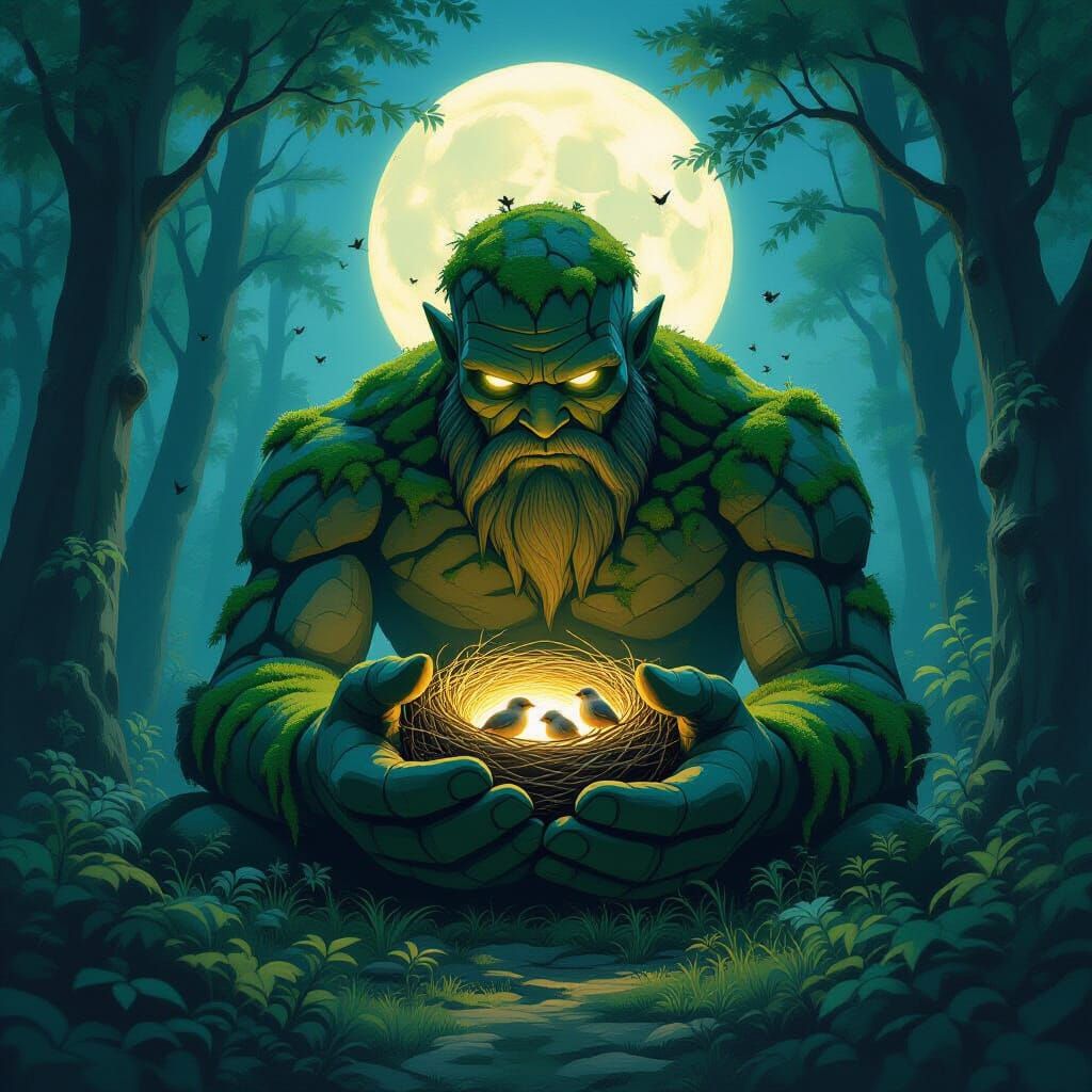 A colossal, moss-covered stone golem, its eyes glowing with a gentle light, kneels protectively in a ...  by @Jessica Nicole