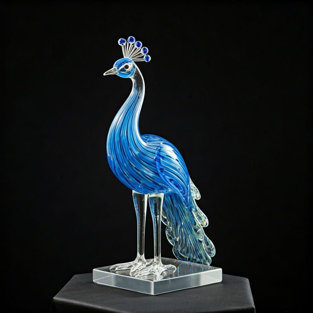 A peacock made out of glass stands atop a plinth.