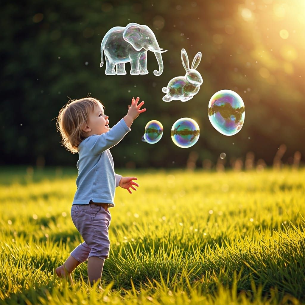 A whimsical, photorealistic scene of a young child in a sunlit meadow, reaching up in awe and joy toward ...  by @PVW