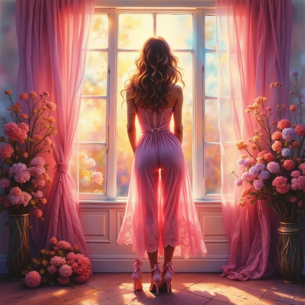 <lora:Beauty Mimosa:1.0> <lora:Night Breeze V2:1.0> <lora:Beautiful women:1.0> Early morning sunshine coming thru the open window with blowi...