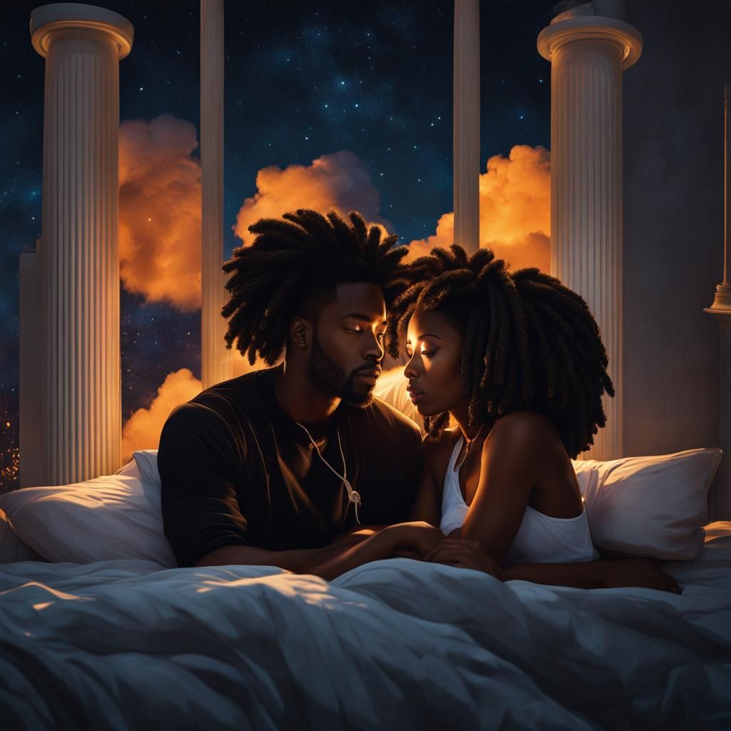 a beautiful black couple laying in the bed at night. they are facing the  ceiling. the bedroom is huge with a huge window and concrete white... - AI  Generated Artwork - NightCafe Creator