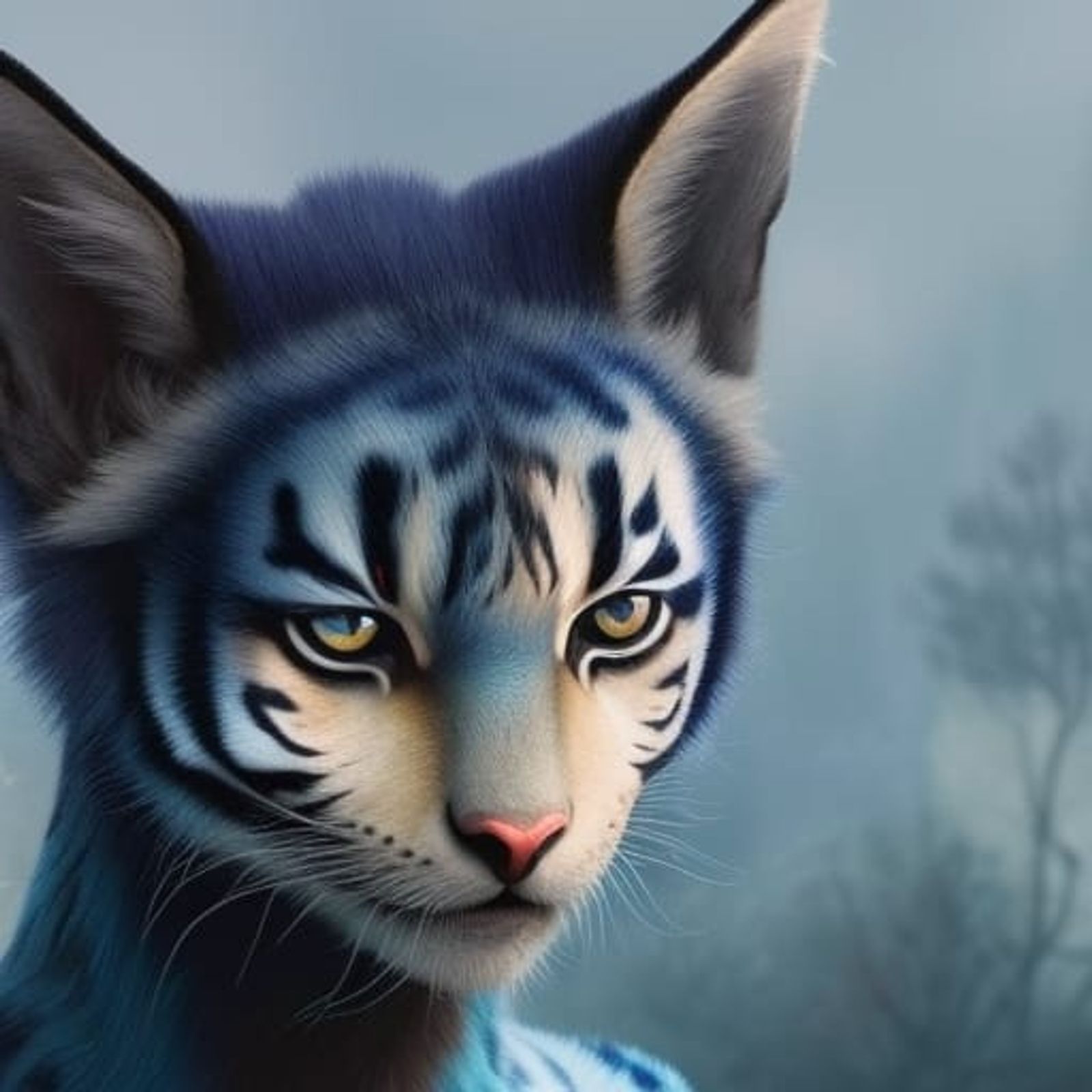 Blue skin, big yellow eyes, long ears, short black hair, sharp teeth