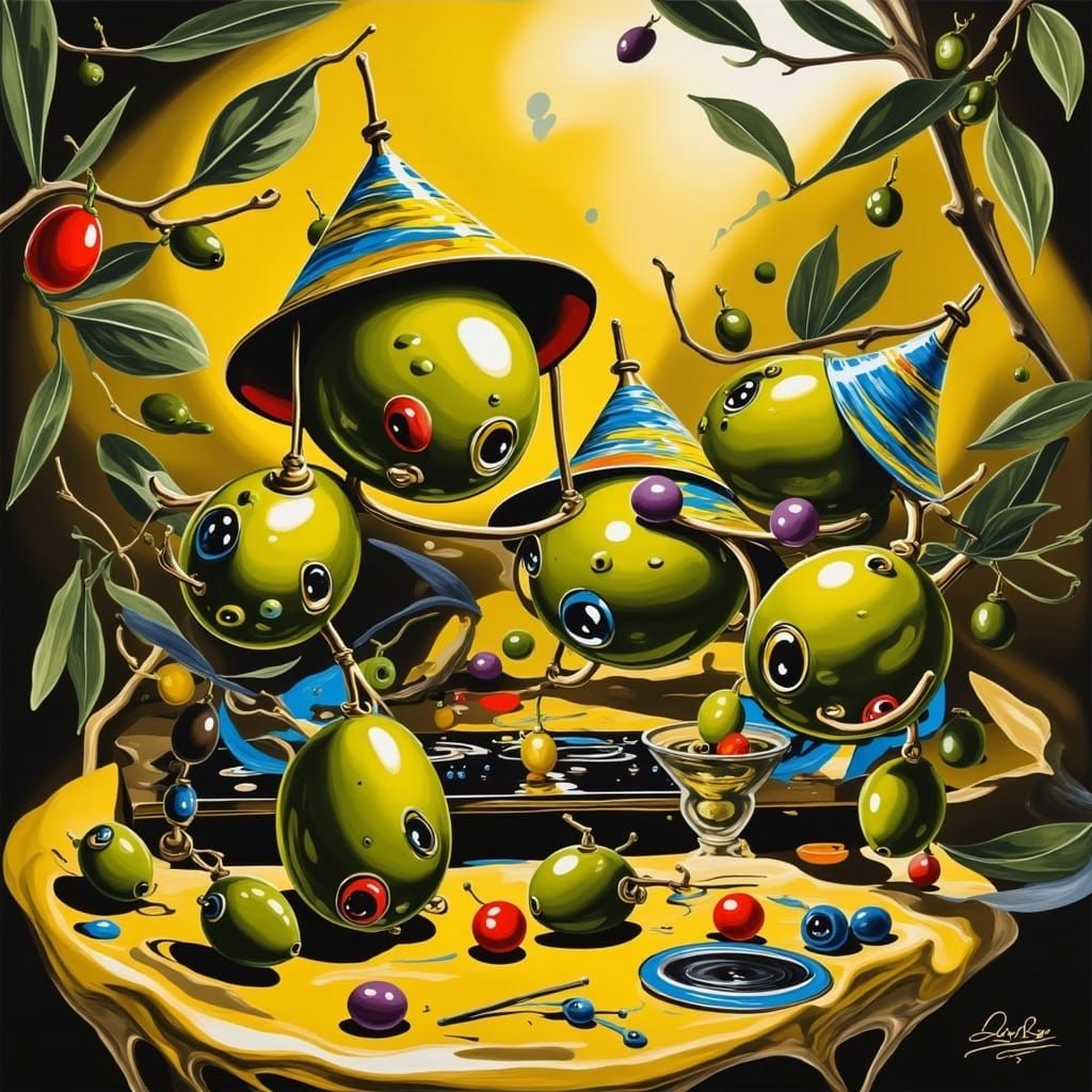 <lora:OLIVE OIL:1.0> Olives partying