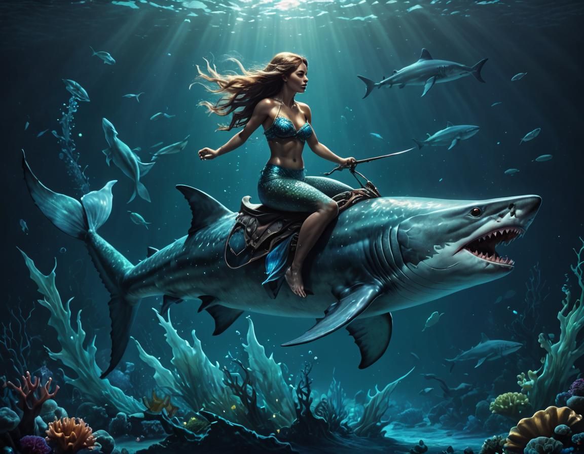 A mermaid riding a wild shark like a horse, deep in the ocea...