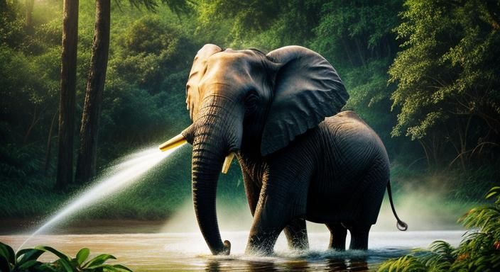 Close-up of a majestic elephant spraying water from the  
  ...