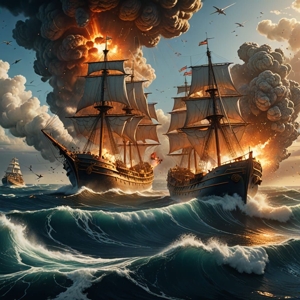 Modern ship versus ancient ship. Ocean battle with details.  by @Pawelandbajer