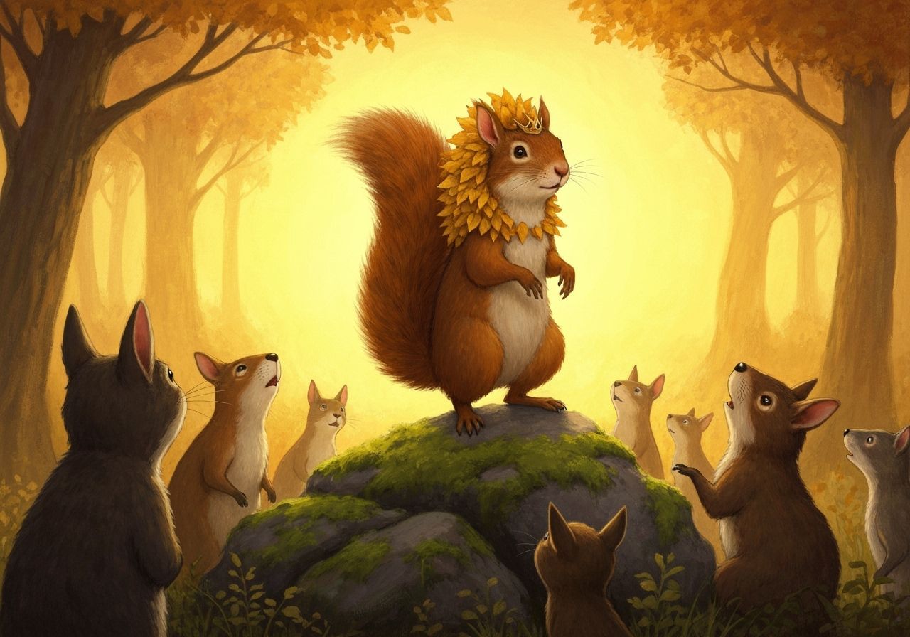 “The False Monarch”
A squirrel pretending to be a lion — wearing a mane of golden autumn leaves and standing atop a rock like the king of th...
