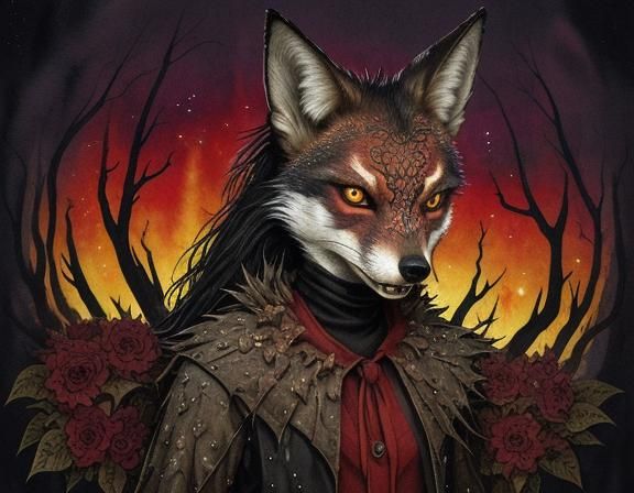 A damaged jackal-fox-wolf-hybrid mask, punk-goth, furry art,...