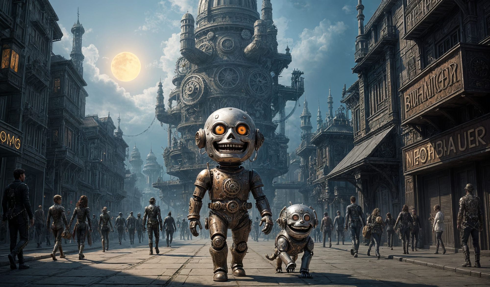 On the left a little smiling automaton, crafted from silver and rusted steel and intricate clockwork, walks away in a sprawling steampunk me...