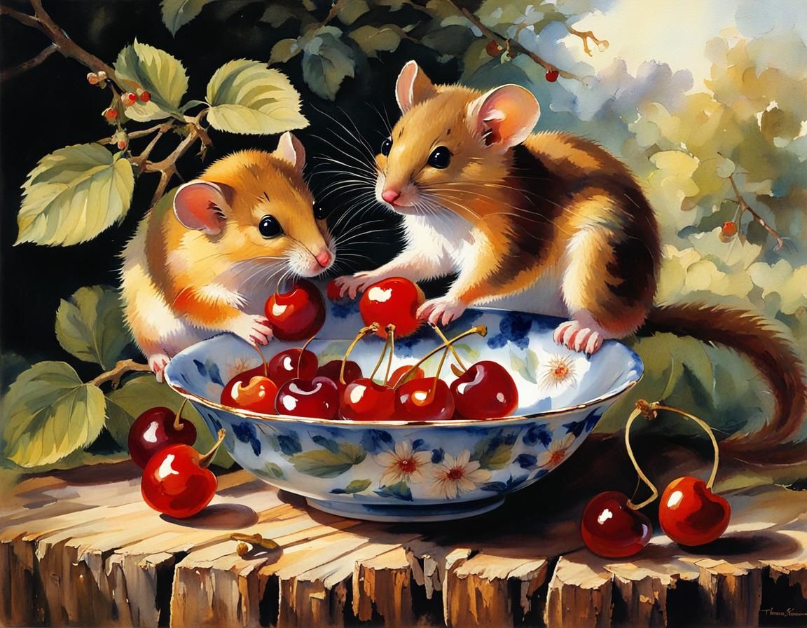 two cute fluffy dormice sit on the edge of a flower-patterned porcelain bowl containing cherries, one ...  by @Tina auf der Blumenwiese