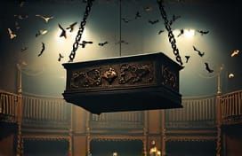 A coffin hanging by chains in a theater with bats and owls f...