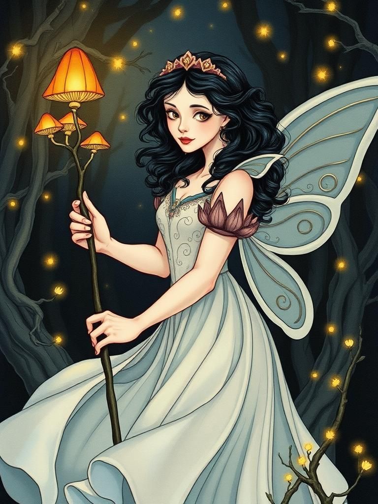 Snow White as a fairy, in the dark forest. Curvy Line art br...