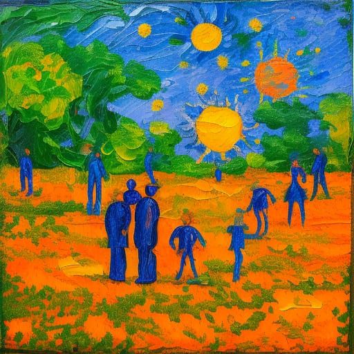 Orange people looking at a blue sign on a green space filled...
