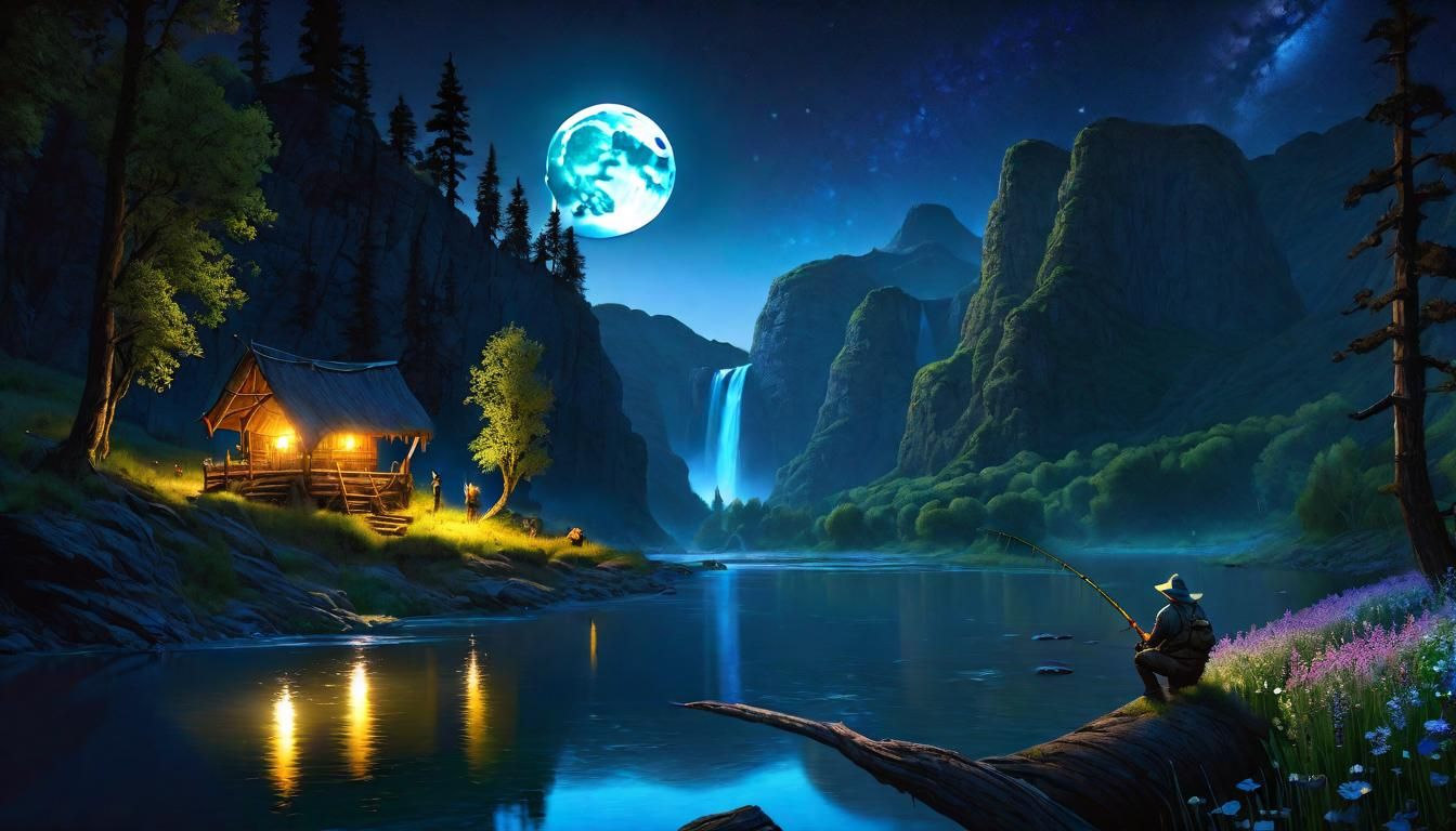 Beautiful mountain river;; fisherman sits on a log while fis...