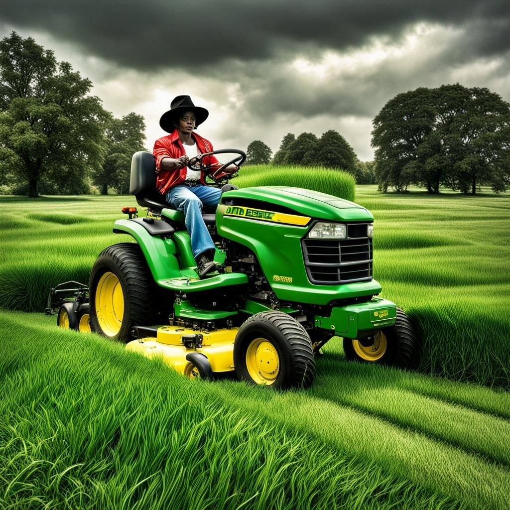 Michael Jackson mowing the grass on a John Deere tractor int...