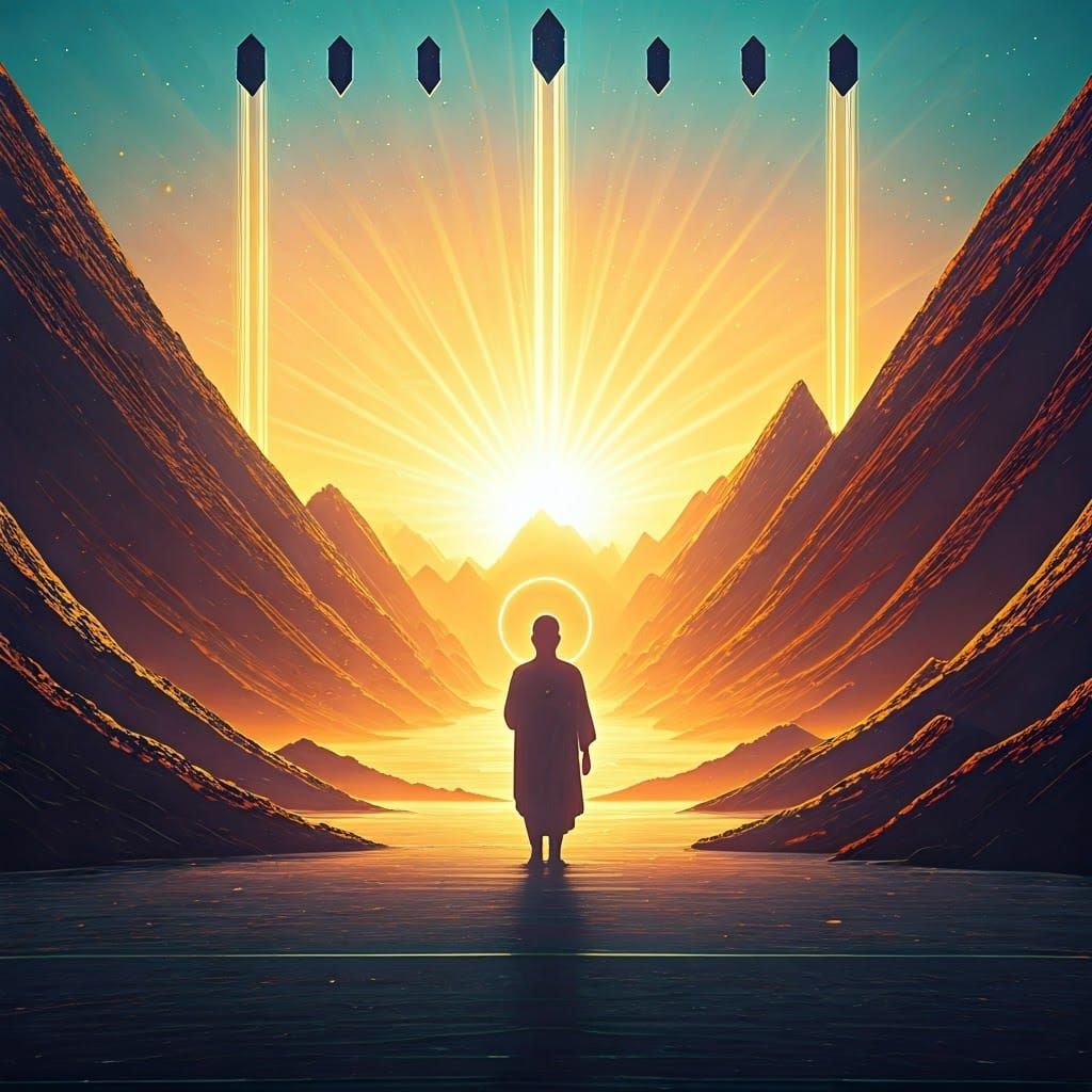 Surrealist Landscape with Golden Aura and Celestial Figures