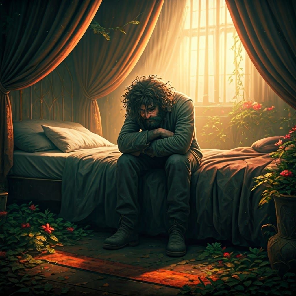 Mystical Chamber: Sleepless Man in a Dark Fantasy Scene