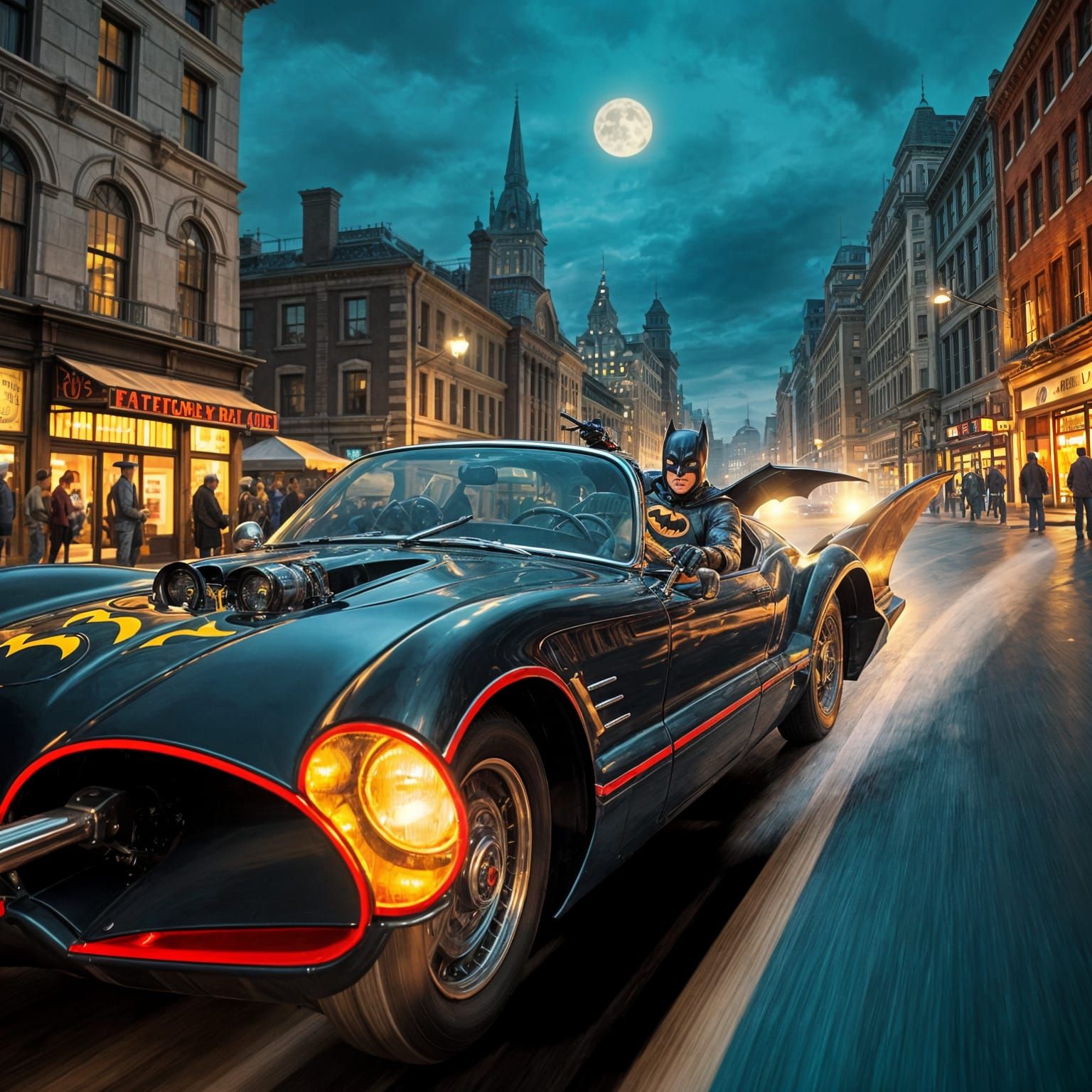 A Batmobile original Adam West era speeding in a night at a street of Gotham and Batman is a driver and ...  by @Aspen