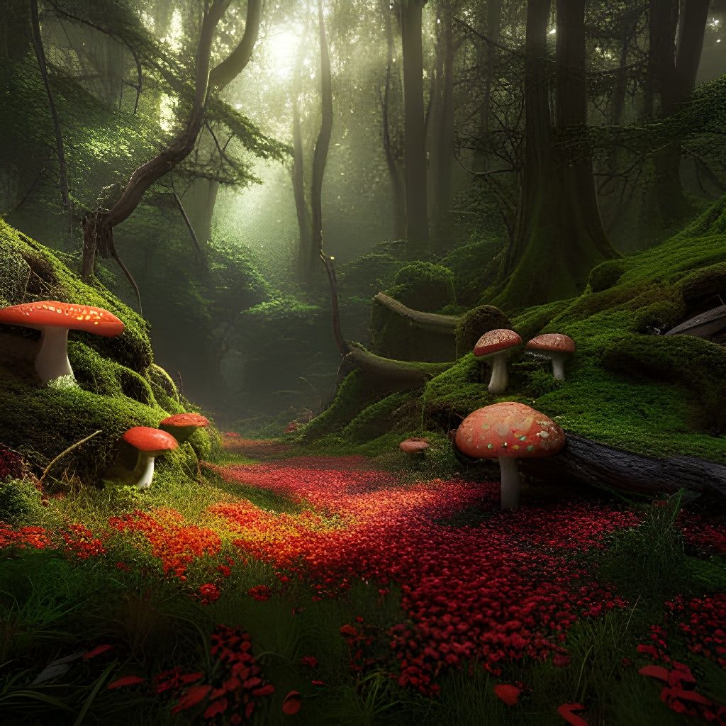 Forest with many mushrooms