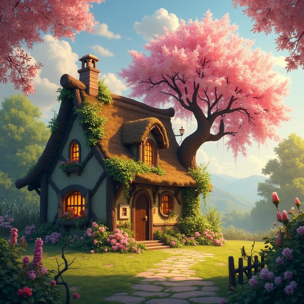 Enchanted Cottage with Cherry Blossom Tree in Fantasy Landsc...